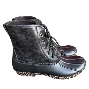 Marleylilly Black Duck Boots Leopard Print Sole Lace Up Rain Boots Size 9 NEW
